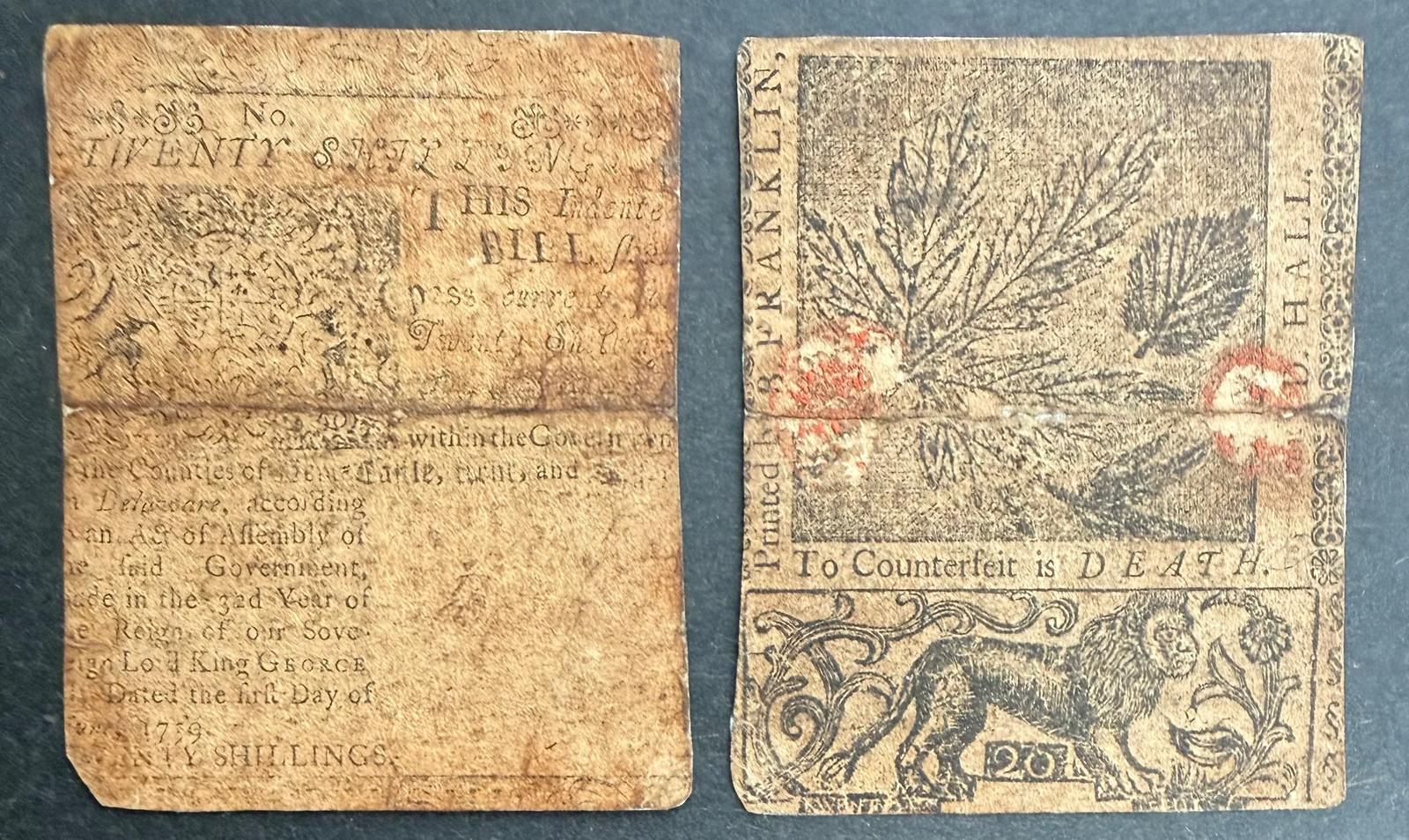 Benjamin Franklin–Printed 1760 Pennsylvania Colonial Currency – Twenty