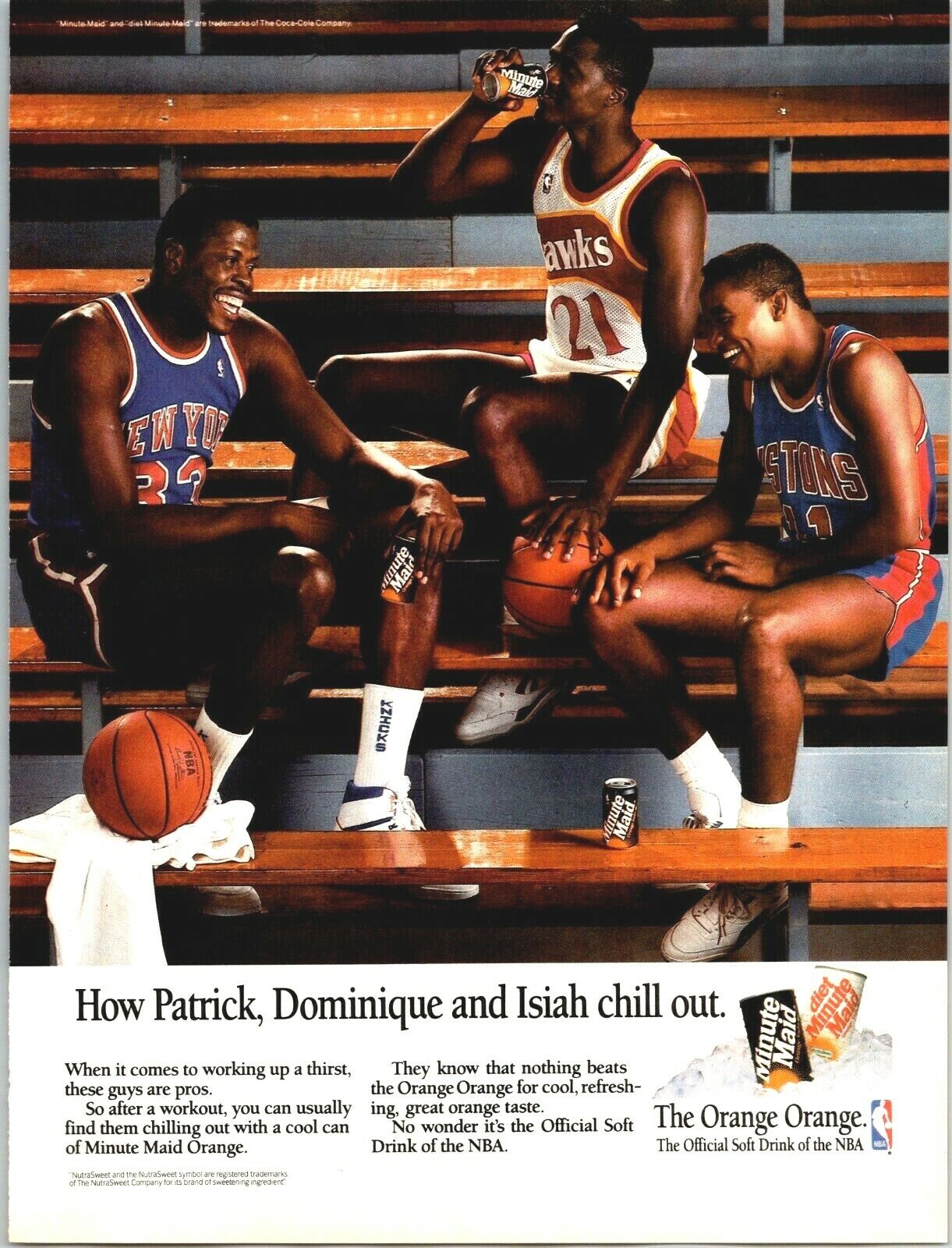 Minute Maid NBA Patrick Ewing Isiah Thomas Dominique Wilkins 1989 VTG Print Ad