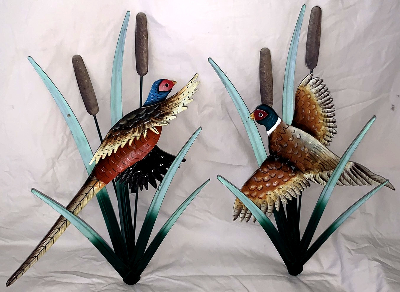 Great Set Vintage 3D Metal Wall Art Pheasants among Cattails Great Set Vintage 3D Metal Wall Art Pheasants among Cattails