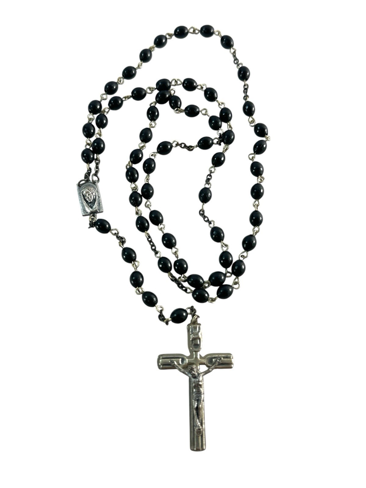 Vintage Italian Catholic Rosary Black Wood Beads Crucifix Italy 21”