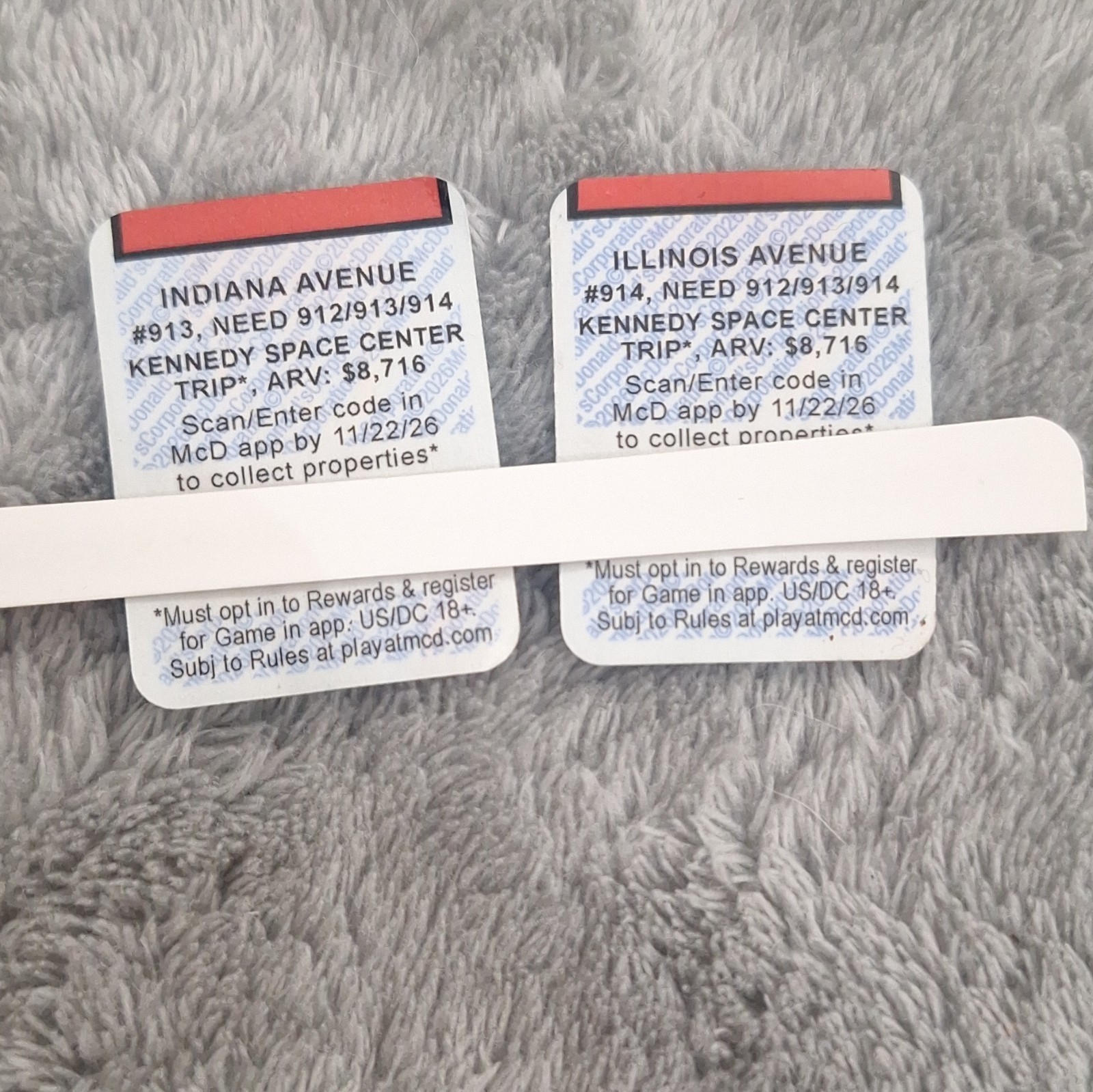 2026 UNREDEEMED MCDONALD\'S MONOPOLY PIECES - Illinois Avenue & Indiana Avenue 2026 UNREDEEMED MCDONALD\'S MONOPOLY PIECES - Illinois Avenue & Indiana Avenue