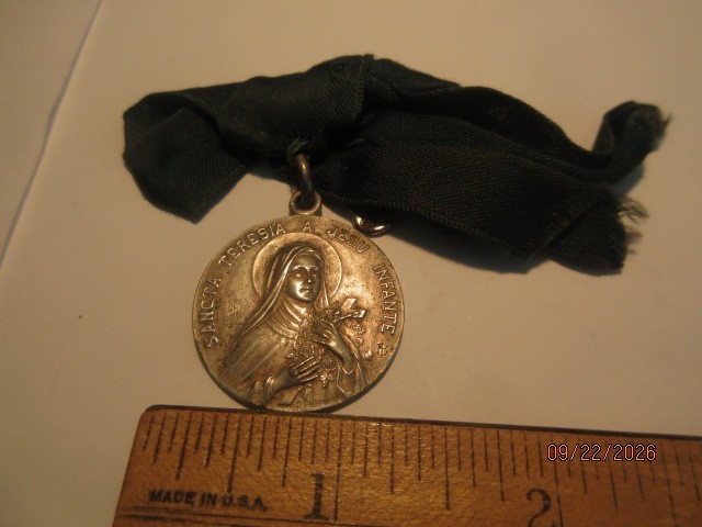 Antique French Religious Medal Saint Therese with Original Ribbon Antique French Religious Medal Saint Therese with Original Ribbon