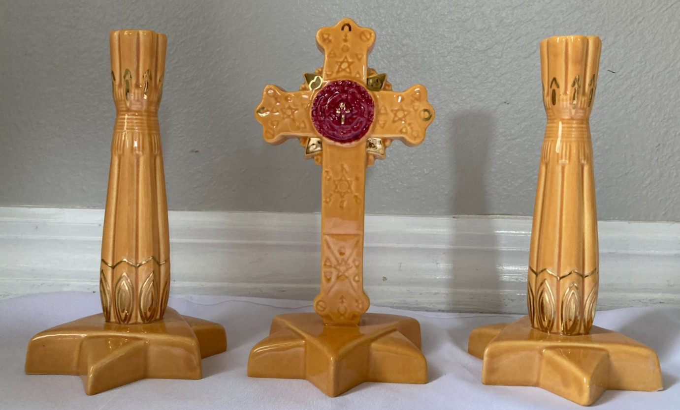 Vintage AMORC Rosicrucian Ceramic Rose Cross & Candlestick Home Sanctum Set Vintage AMORC Rosicrucian Ceramic Rose Cross & Candlestick Home Sanctum Set