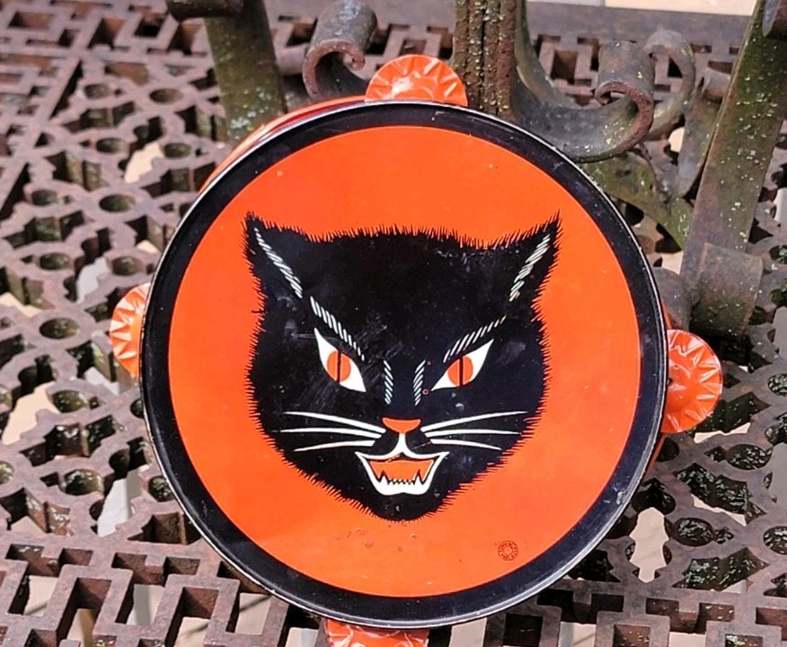 Vintage 1940s T.Cohn Halloween Noisemaker, Black Cat Tambourine Vintage 1940s T.Cohn Halloween Noisemaker, Black Cat Tambourine