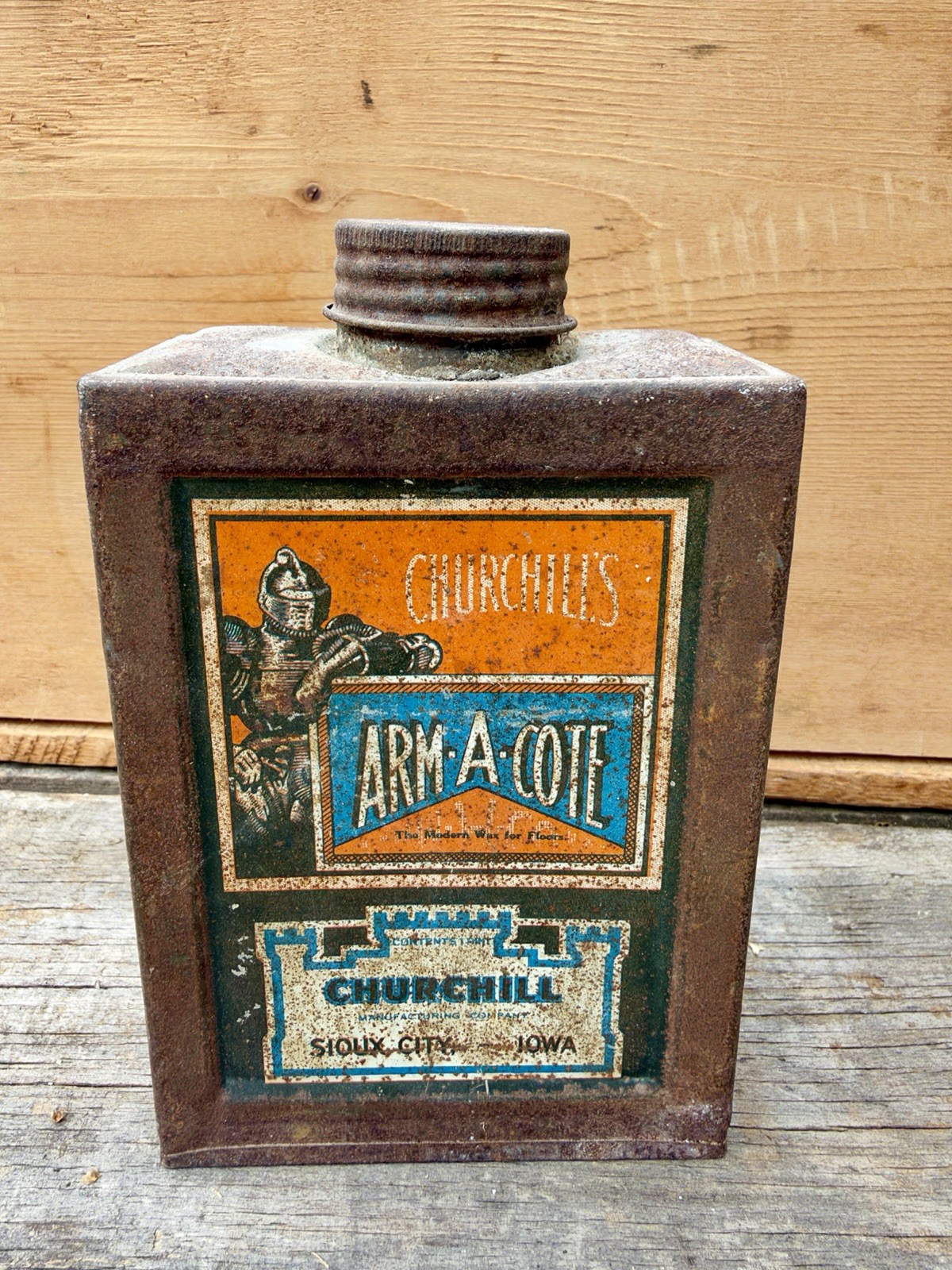 Rare 1920S CHURCHILLS ARM-A-COTE WAX TIN Can Sioux City IOWA Rare 1920S CHURCHILLS ARM-A-COTE WAX TIN Can Sioux City IOWA