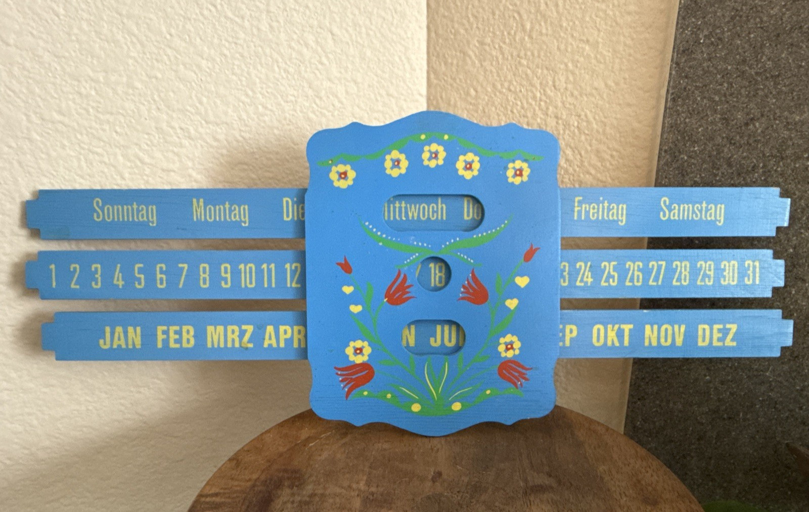 Vintage German Blue Wooden Perpetual Calendar Painted Sliding Folk Wall Art