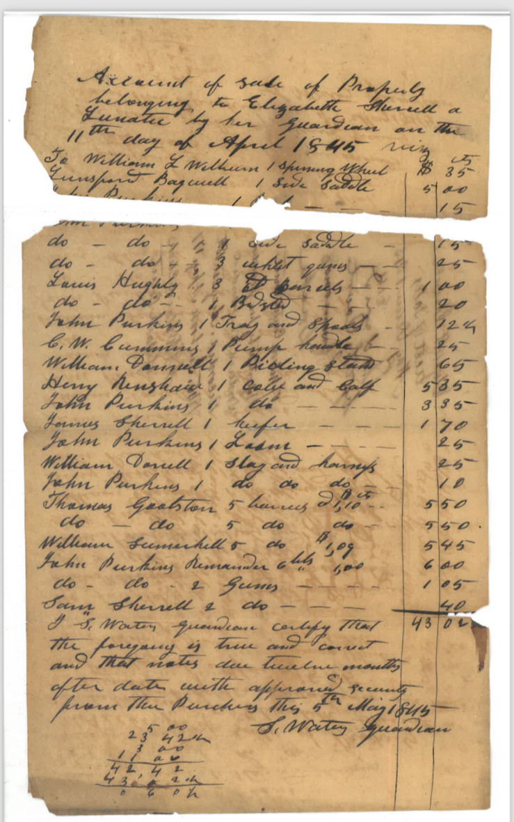 RARE - 1845 Elizabeth Sherrell Lunatic Sale S. Waters Historical Document RARE - 1845 Elizabeth Sherrell Lunatic Sale S. Waters Historical Document