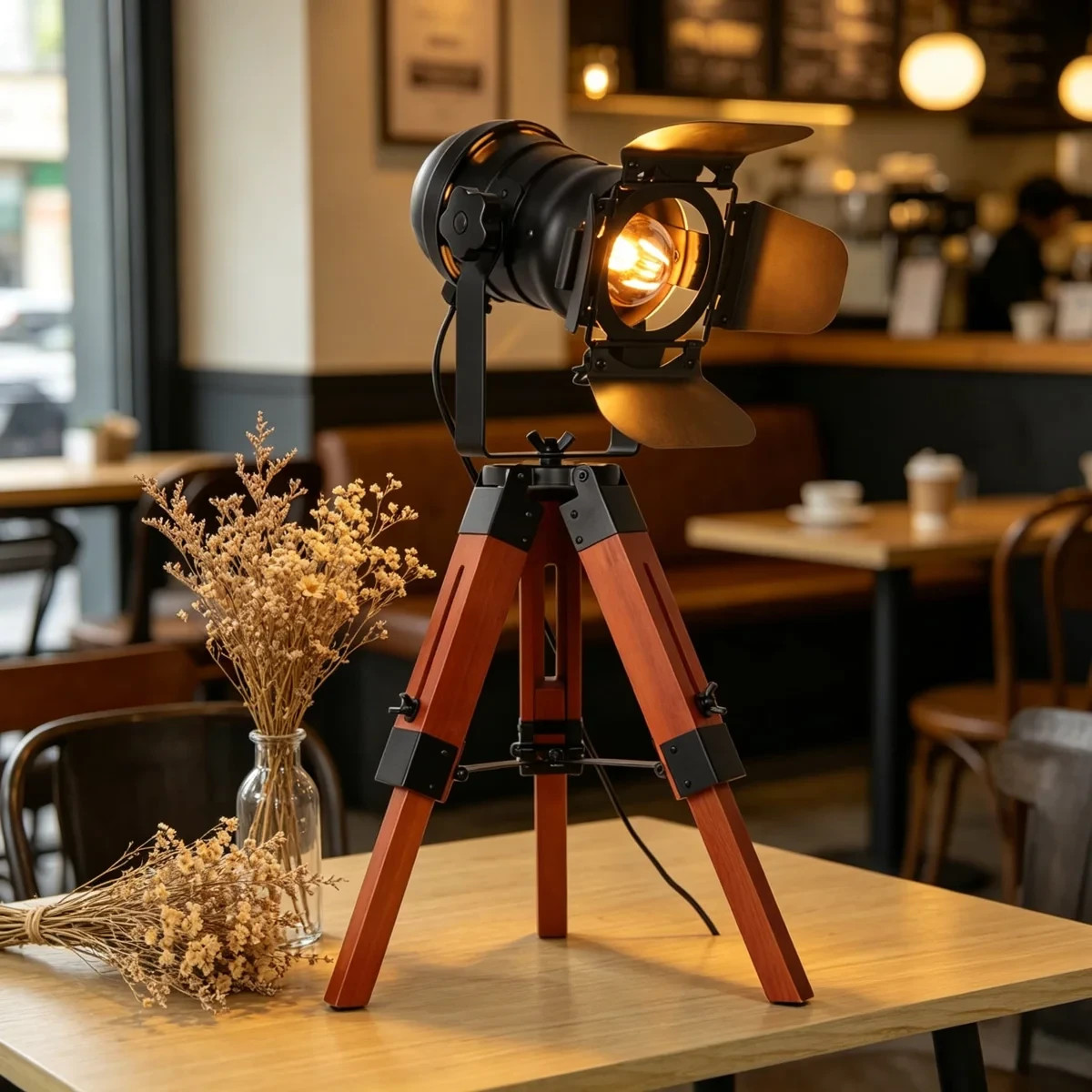 Vintage Industrial Cinema Spotlight Tripod Table Lamp Wood Adjustable Black 24\