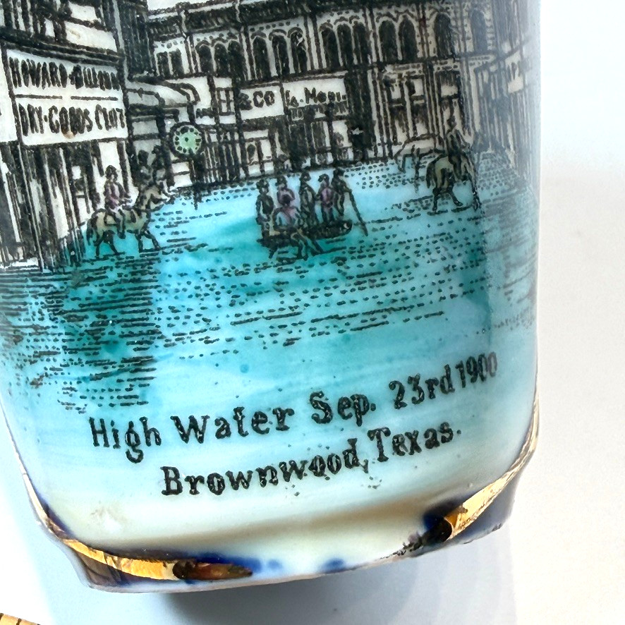 BROWNSWOOD High Water 1900 TX TEXAS ANTIQUE Souvenir China COBALT TRINKET VASE BROWNSWOOD High Water 1900 TX TEXAS ANTIQUE Souvenir China COBALT TRINKET VASE