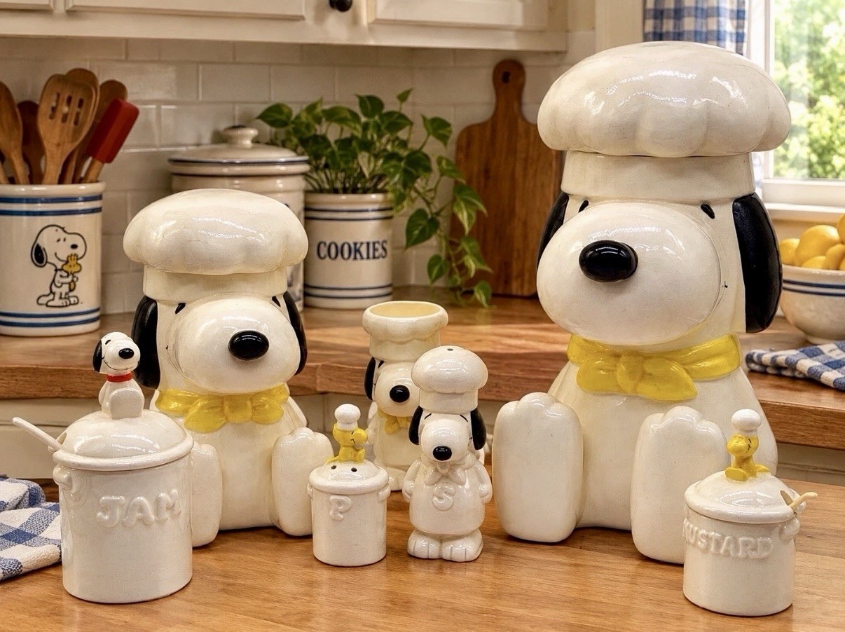 Vtg 1966 Peanuts Snoopy Cookie/Flour Canisters & Kitchen Set 7pc.~RARE Vtg 1966 Peanuts Snoopy Cookie/Flour Canisters & Kitchen Set 7pc.~RARE