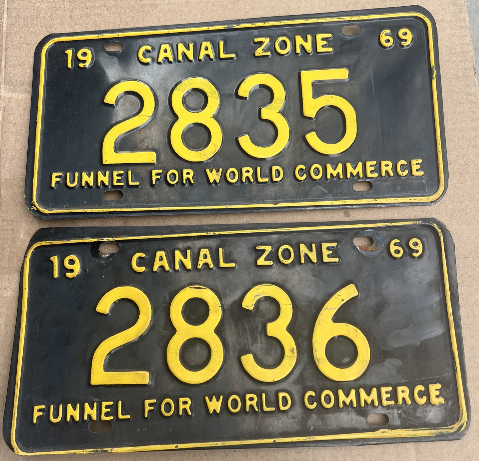 2 Vintage 1969 Sequential Panama License Plate Funnel For world Commerce 2 Vintage 1969 Sequential Panama License Plate Funnel For world Commerce