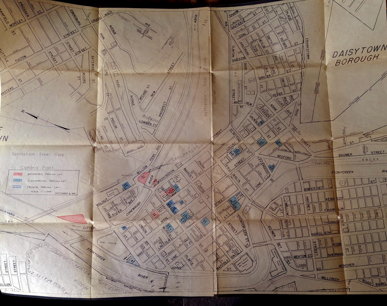 1955 BETHLEHEM STEEL CAMBRIA PLANT JOHNSTOWN PA DOWNTOWN MAP Parking Lots 1955 BETHLEHEM STEEL CAMBRIA PLANT JOHNSTOWN PA DOWNTOWN MAP Parking Lots