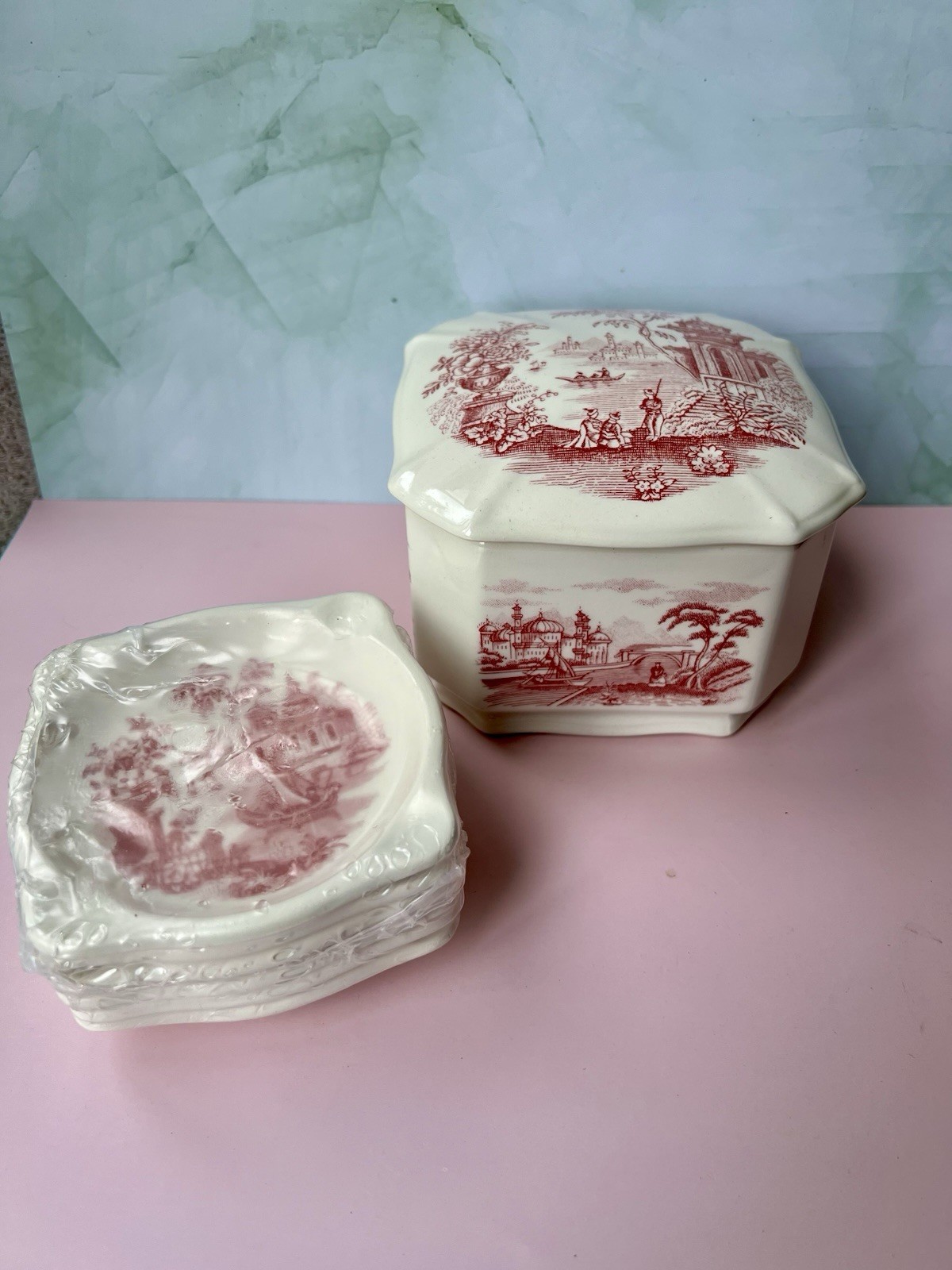 Vintage Smoker Set Ashtray La Cartuja de Sevilla Pickman Spain Red Transferware 