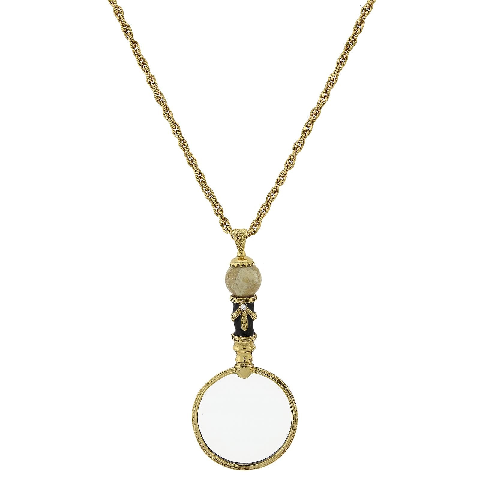 1928 Jewelry Deco Magnifying Glass Necklace Black Enamel 30in 2X Pendant Gift 1928 Jewelry Deco Magnifying Glass Necklace Black Enamel 30in 2X Pendant Gift