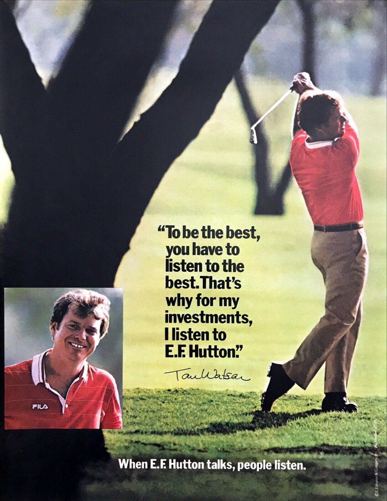 1984 Pro Golfer Tom Watson photo E.F. Hutton Investments vintage print ad