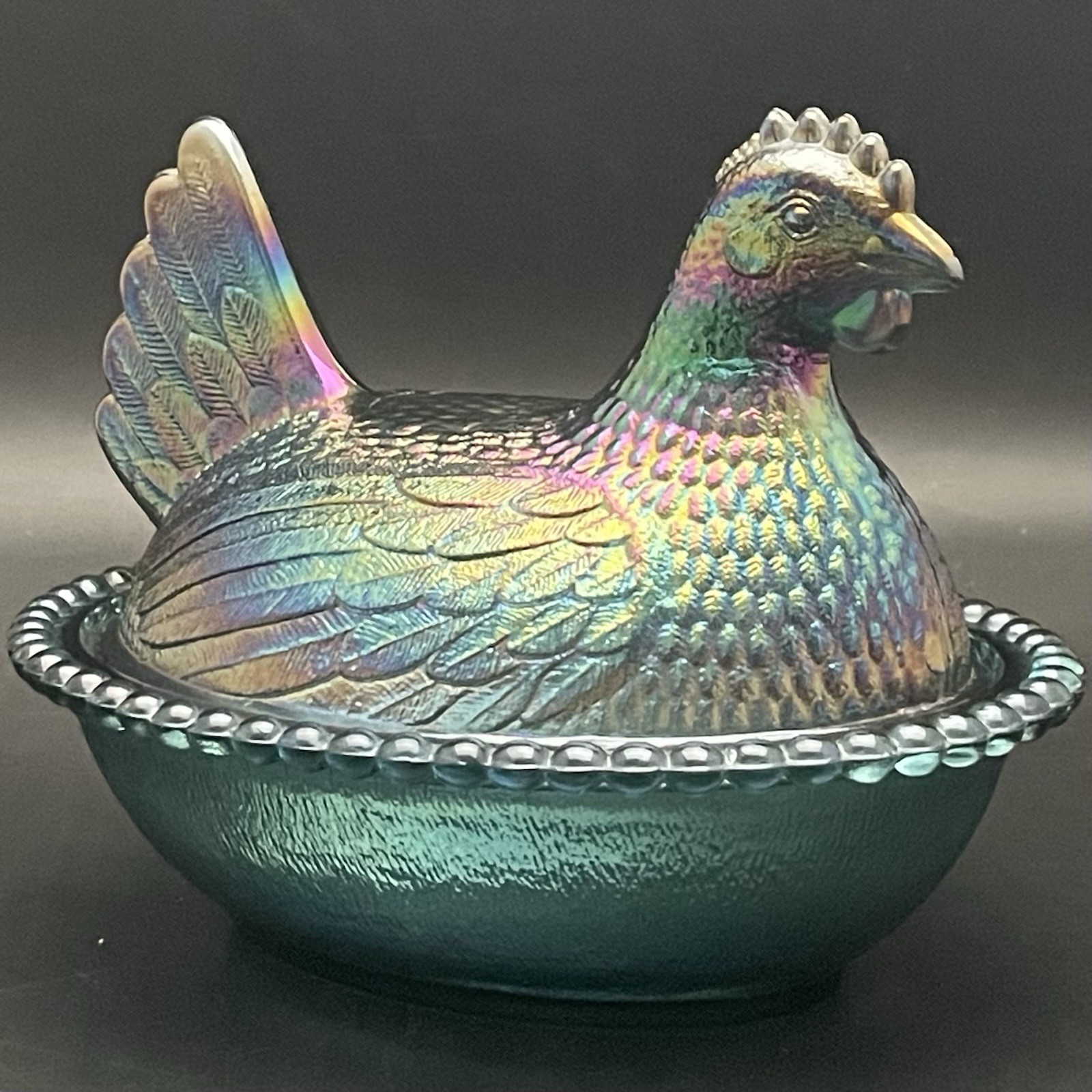 Indiana Iridescent Blue Carnival Glass Hen on Nest Candy Box c1970s USA 5.5”t Indiana Iridescent Blue Carnival Glass Hen on Nest Candy Box c1970s USA 5.5”t