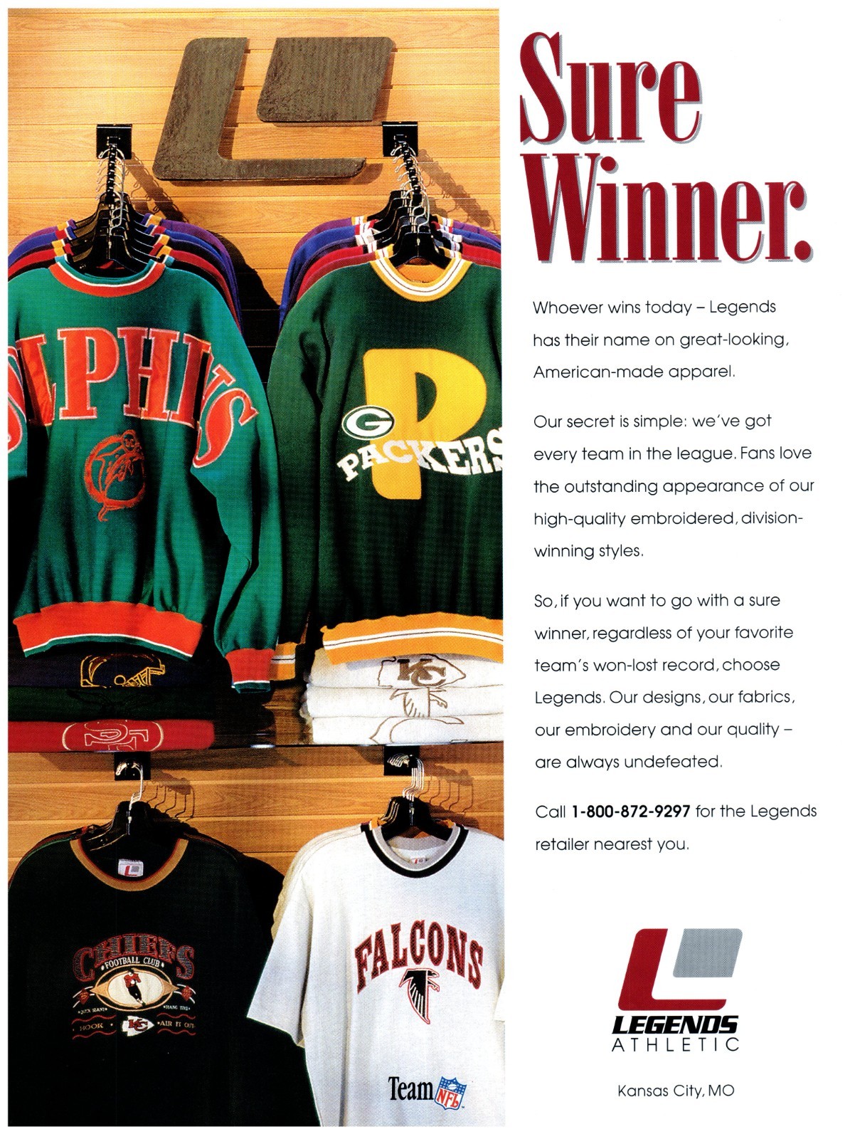 1995 PRINT AD, Legends Athletic Sure Winner 90's NFL Sweatshirts Kansas City Ad 1995 PRINT AD, Legends Athletic Sure Winner 90's NFL Sweatshirts Kansas City Ad