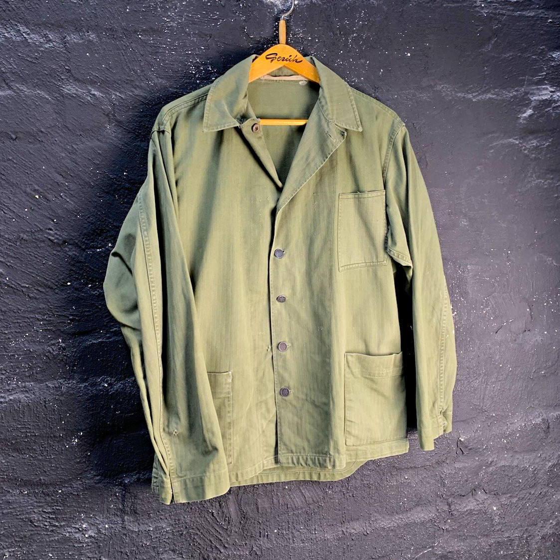Vintage 60s 70s French Olive Green Cotton Chore Jacket Workwear Veste Size L Vintage 60s 70s French Olive Green Cotton Chore Jacket Workwear Veste Size L