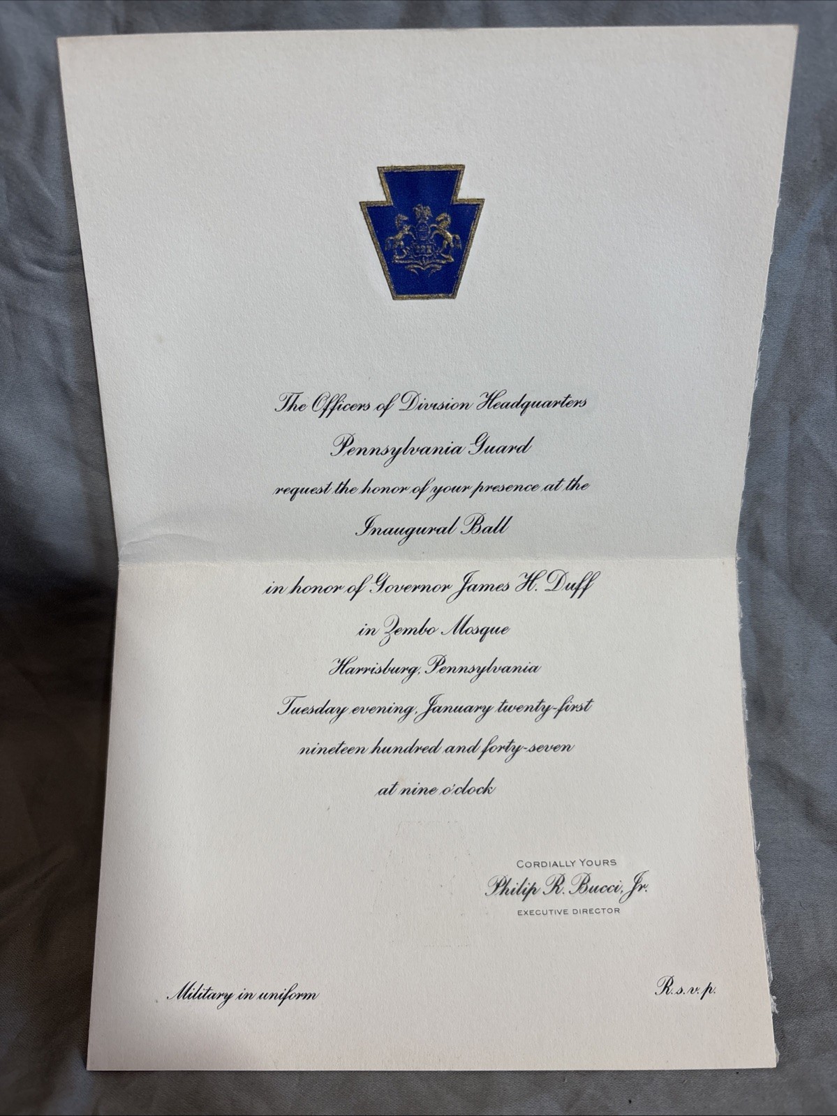 James H. Duff Pennsylvania Governor Inaugural Ball Invitation January 21, 1947 James H. Duff Pennsylvania Governor Inaugural Ball Invitation January 21, 1947