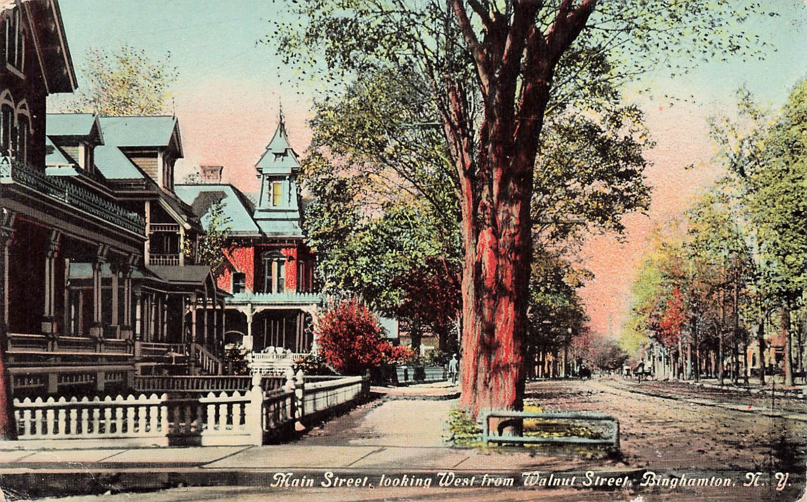 Binghamton NY Main Street Walnut Street Victorian Houses c1912 Postcard 100626