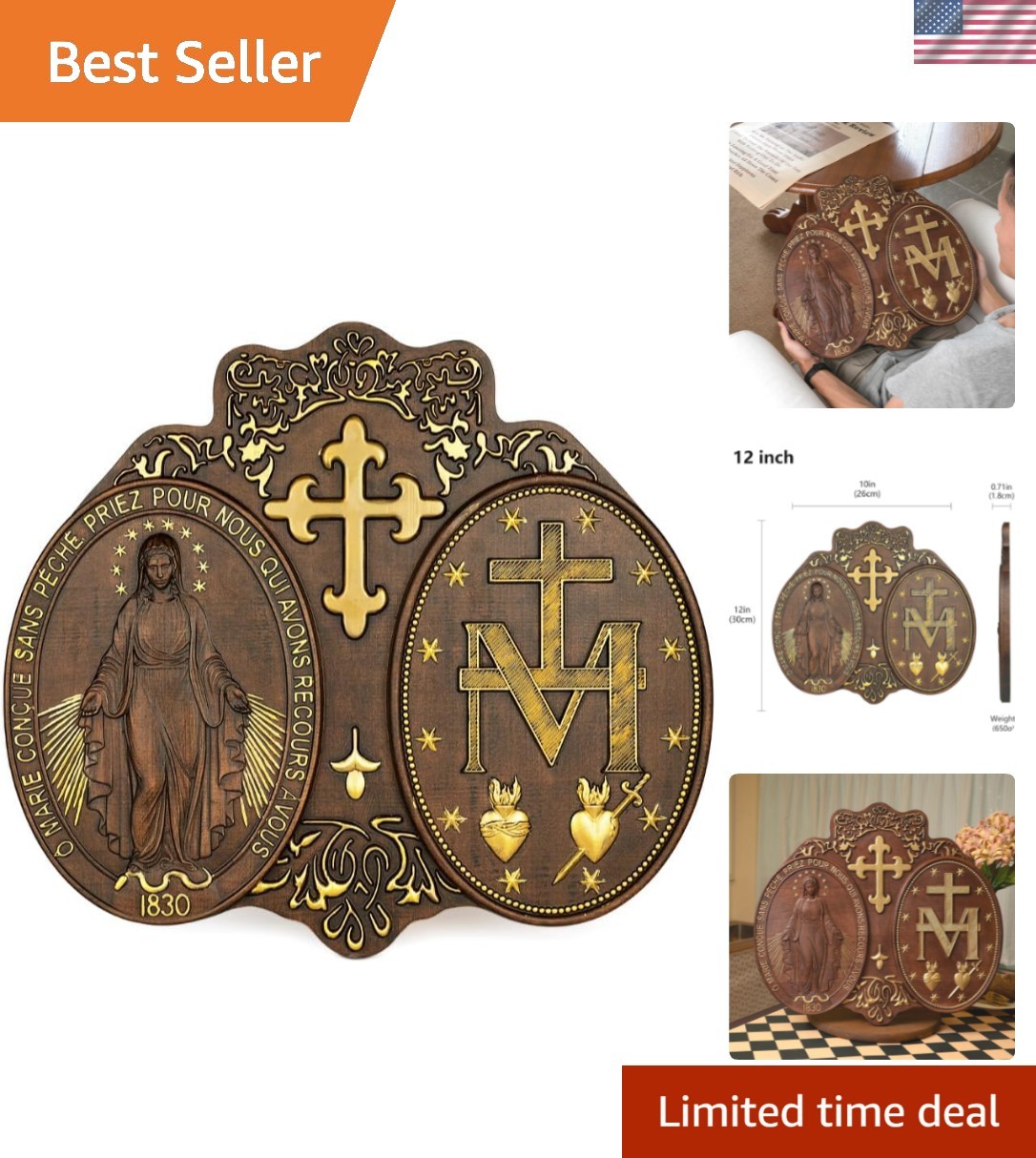 Wooden Virgin Mary Wall Decor Handmade Miracle Medal - 12 Inch Wooden Virgin Mary Wall Decor Handmade Miracle Medal - 12 Inch