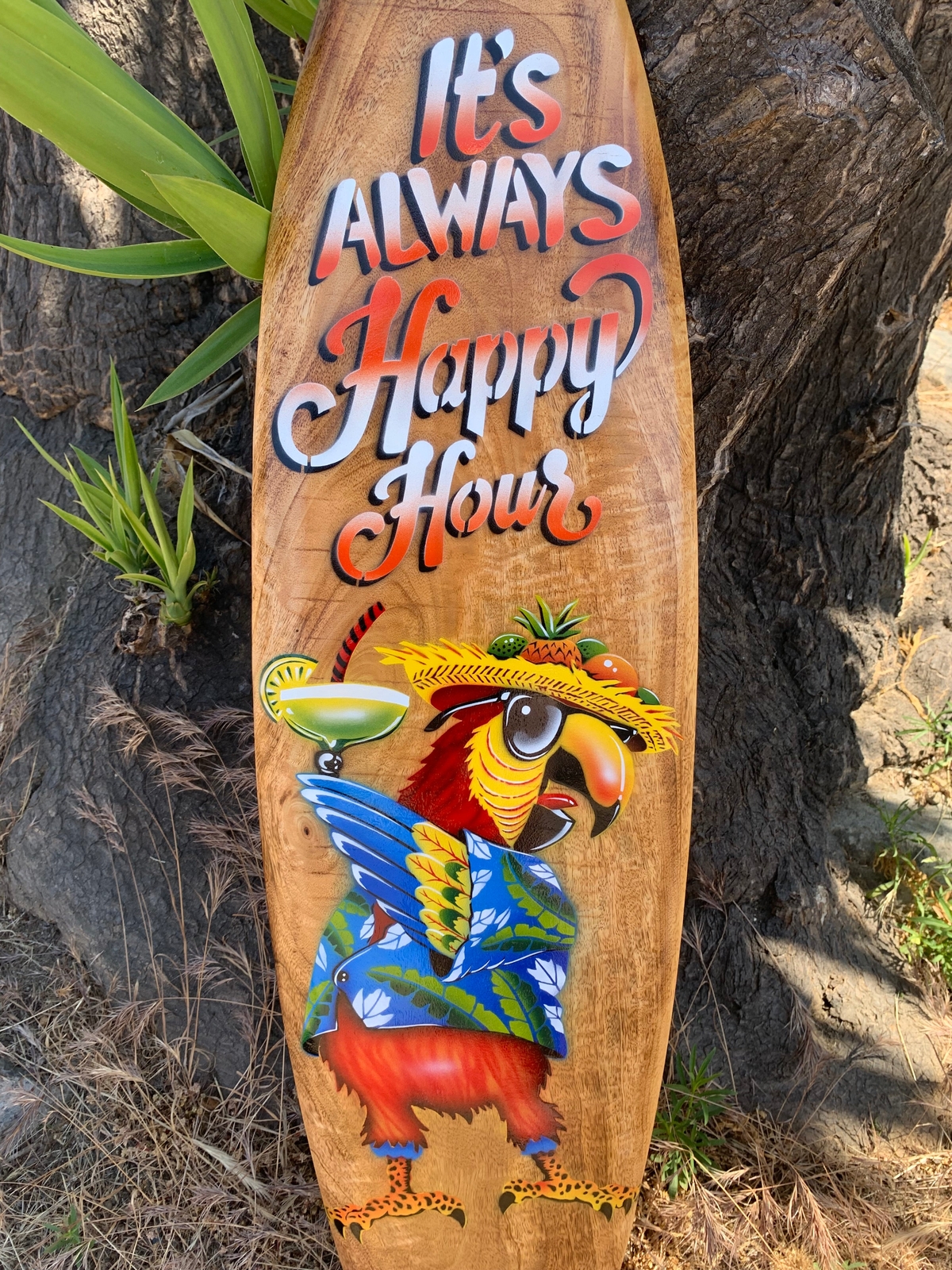 It's Always Happy Hour Drinking Parrot Airbrushed Surfboard Wall Plaque Tiki