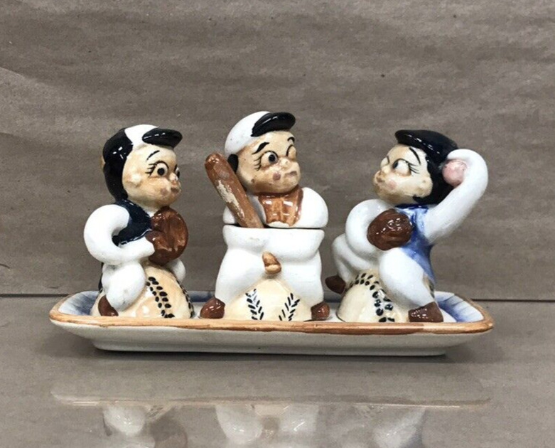 Vintage 1960's Ceramic Baseball Sugar Bowl Salt Pepper Shaker Set Stamped Japan