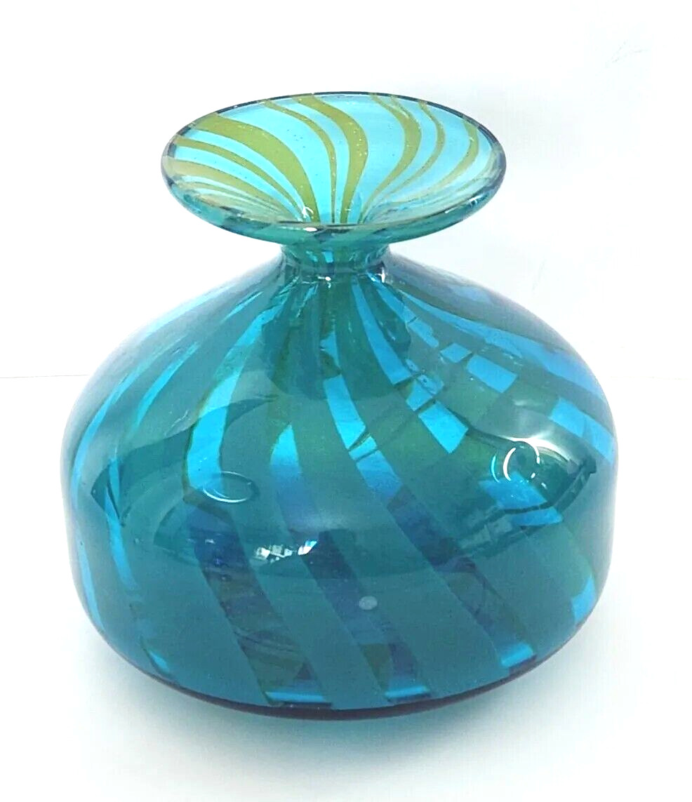 VTG Michael Harris MDINA Glass Ming Blue & Green Glass Vase Malta Rare Signed 