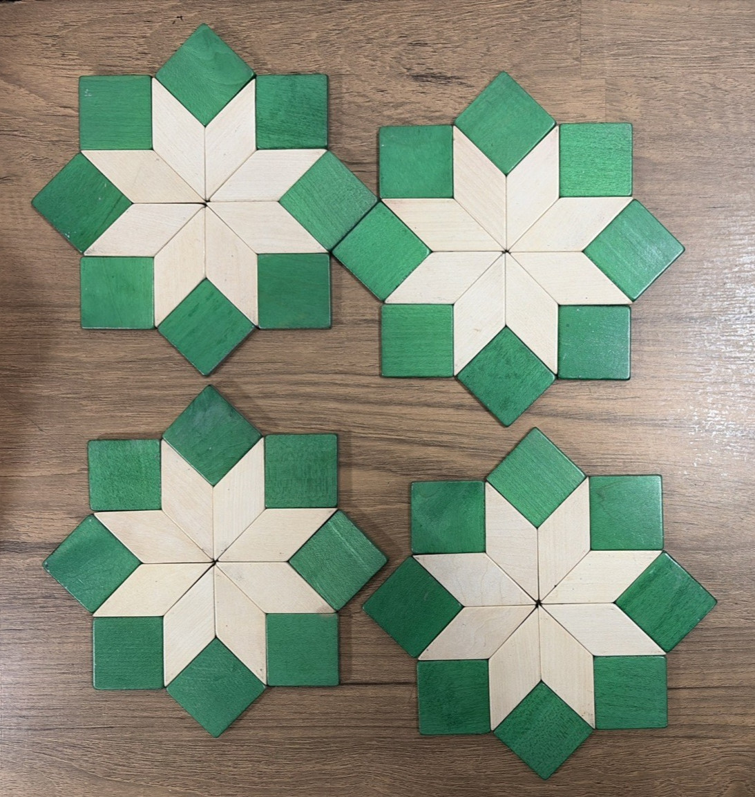 Vintage West German Wood Star Coaster Trivet Set Geometric Mosaic Hot Pads 4 Pcs Vintage West German Wood Star Coaster Trivet Set Geometric Mosaic Hot Pads 4 Pcs