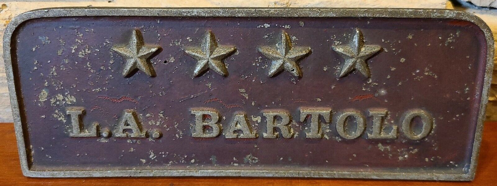 Antique Metal Desktop Stand Sign Nameplate Plaque L.A. Bartolo EXTREMELY RARE 