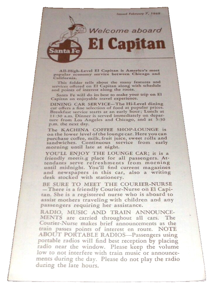 FEBRUARY 1969 ATSF SANTA FE WELCOME ABOARD EL CAPITAN BROCHURE