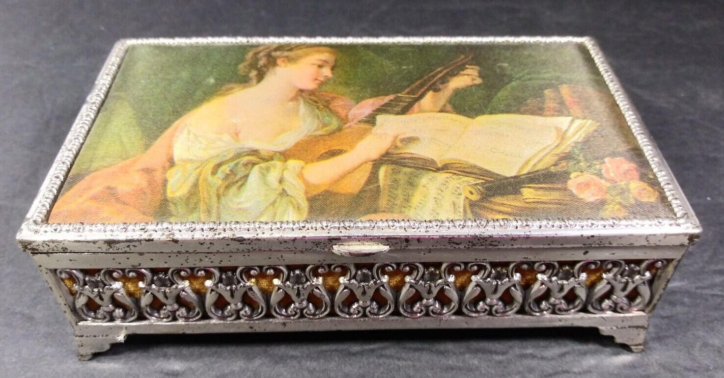Vtg Victorian Scene Filigree Silver Tone Fabric Top Velvet Lined Trinket Box Vtg Victorian Scene Filigree Silver Tone Fabric Top Velvet Lined Trinket Box
