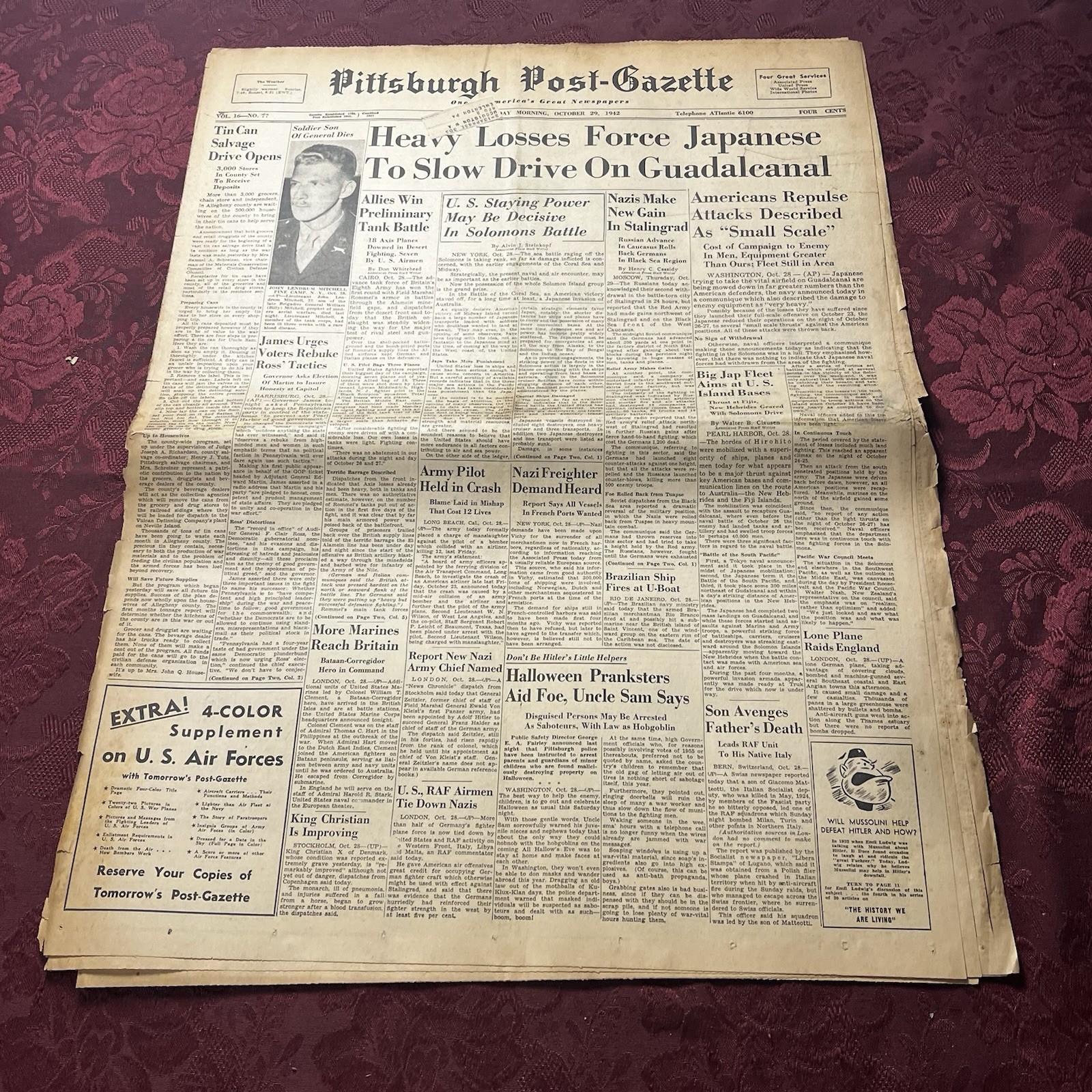 Vintage Pittsburgh Post-Gazette Newspaper 10-29-1942 - Heavy Losses Force Jap…. Vintage Pittsburgh Post-Gazette Newspaper 10-29-1942 - Heavy Losses Force Jap….