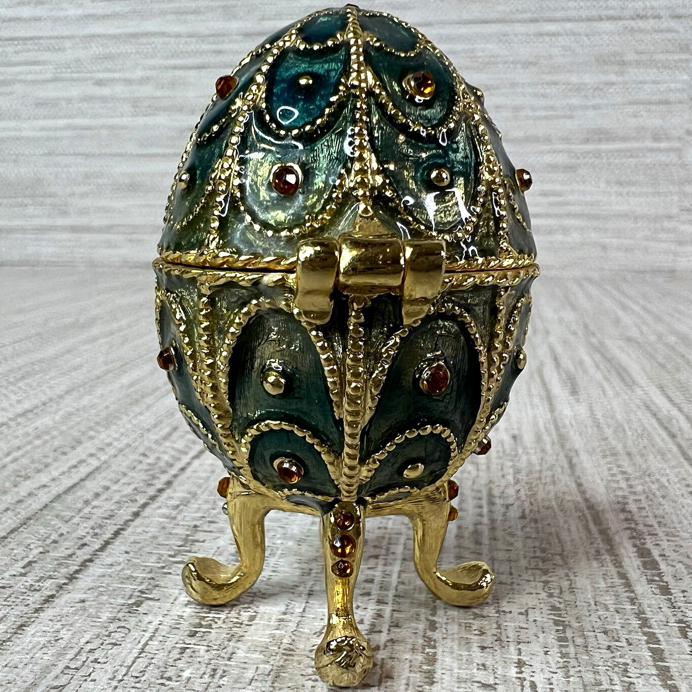 Green & Gold Monet Jeweled Egg Trinket Box Hinged with Feet on Legs Green & Gold Monet Jeweled Egg Trinket Box Hinged with Feet on Legs