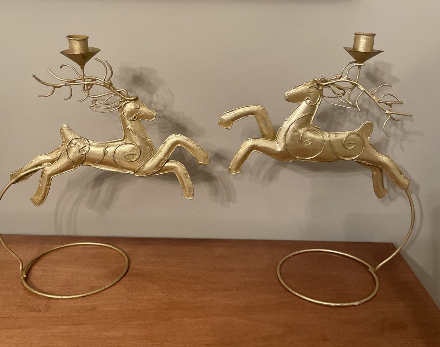 Vintage Pair Gold Metallic Reindeer Taper Candle Holders Centerpiece Mantle 14” Vintage Pair Gold Metallic Reindeer Taper Candle Holders Centerpiece Mantle 14”