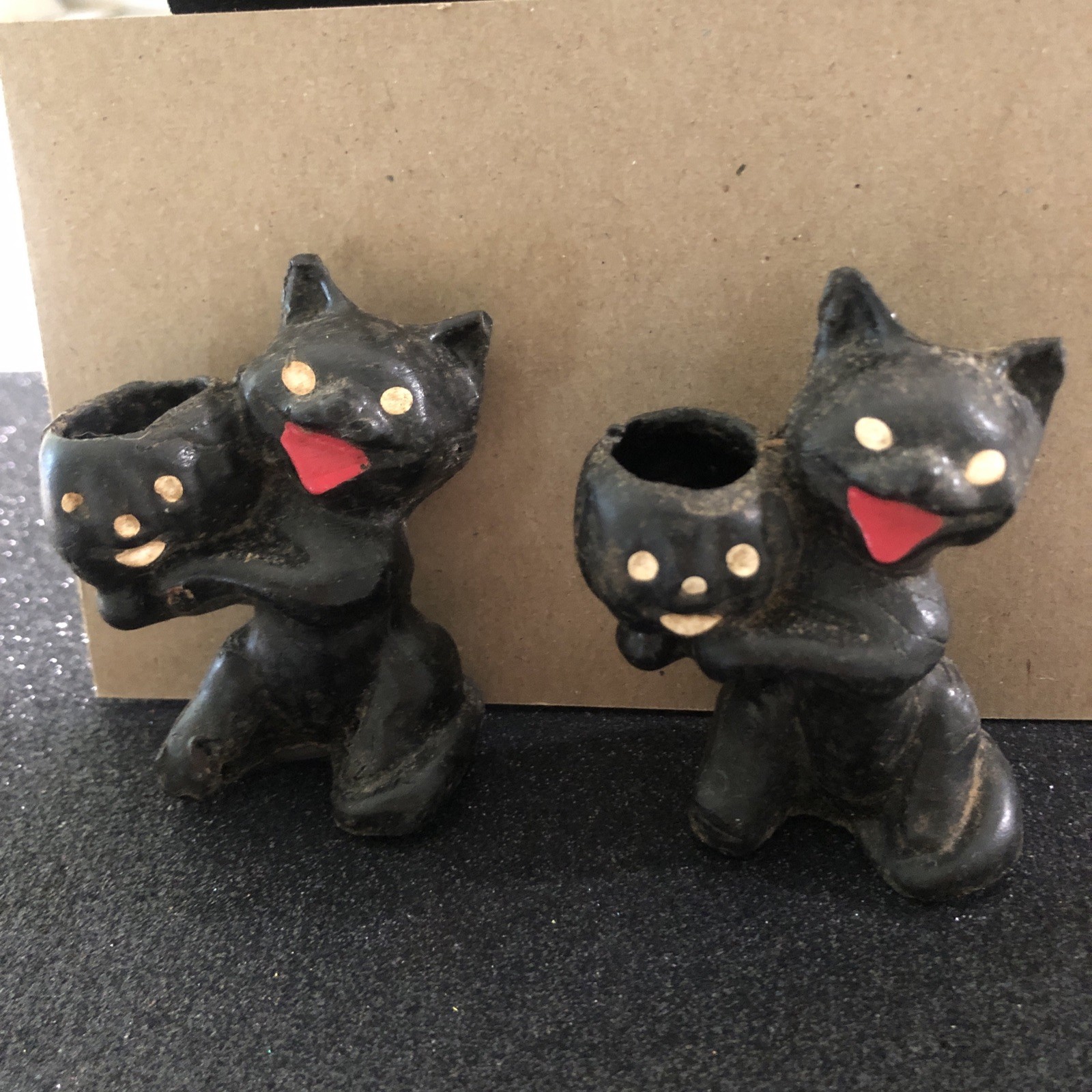 Two Vintage 1952 Wax Halloween Black Cat Candy Container Holder Two Vintage 1952 Wax Halloween Black Cat Candy Container Holder