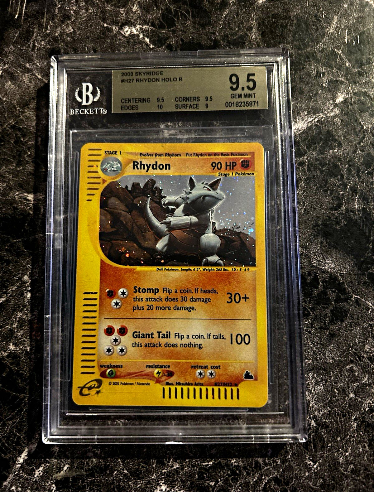 2003 Pokémon Skyridge Rhydon Holo H27/H32 Beckett 9.5 Graded English 2003 Pokémon Skyridge Rhydon Holo H27/H32 Beckett 9.5 Graded English
