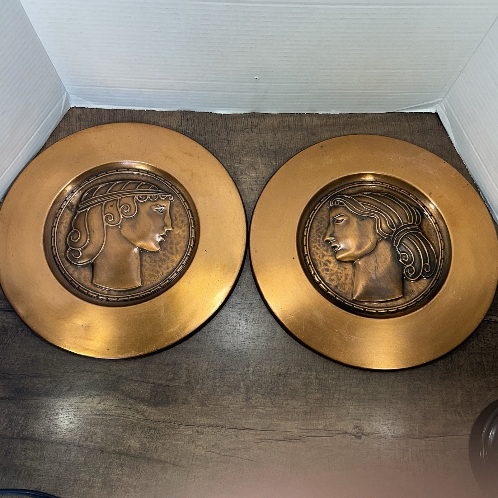 Pair of Art Deco Solid Copper Repousse Portrait Plaques, Signed A. Gilles 12” Pair of Art Deco Solid Copper Repousse Portrait Plaques, Signed A. Gilles 12”