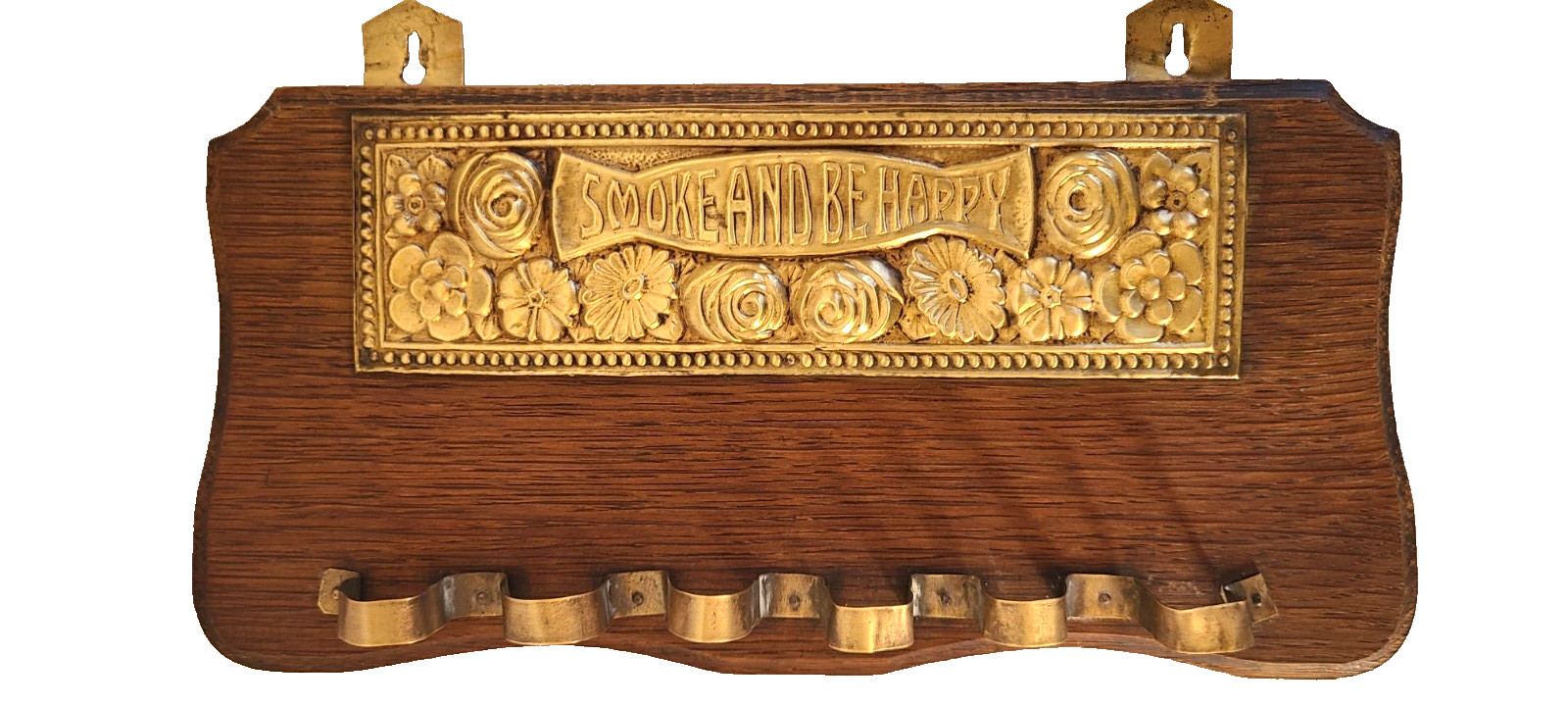 Vintage English Brass Oak Pipe Rack Smoke Be Happy Wall Mount 6 Holder Storage Vintage English Brass Oak Pipe Rack Smoke Be Happy Wall Mount 6 Holder Storage