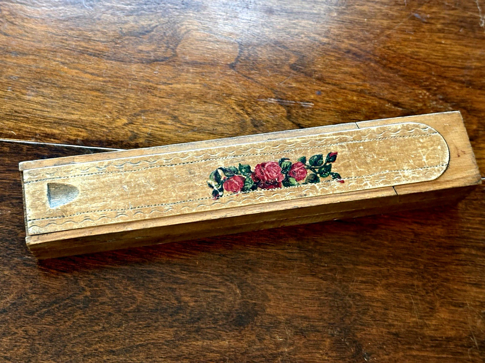 Antique Folk Art Painted Wood Pencil Box Swivel Slide Tray Early Primitive Antique Folk Art Painted Wood Pencil Box Swivel Slide Tray Early Primitive
