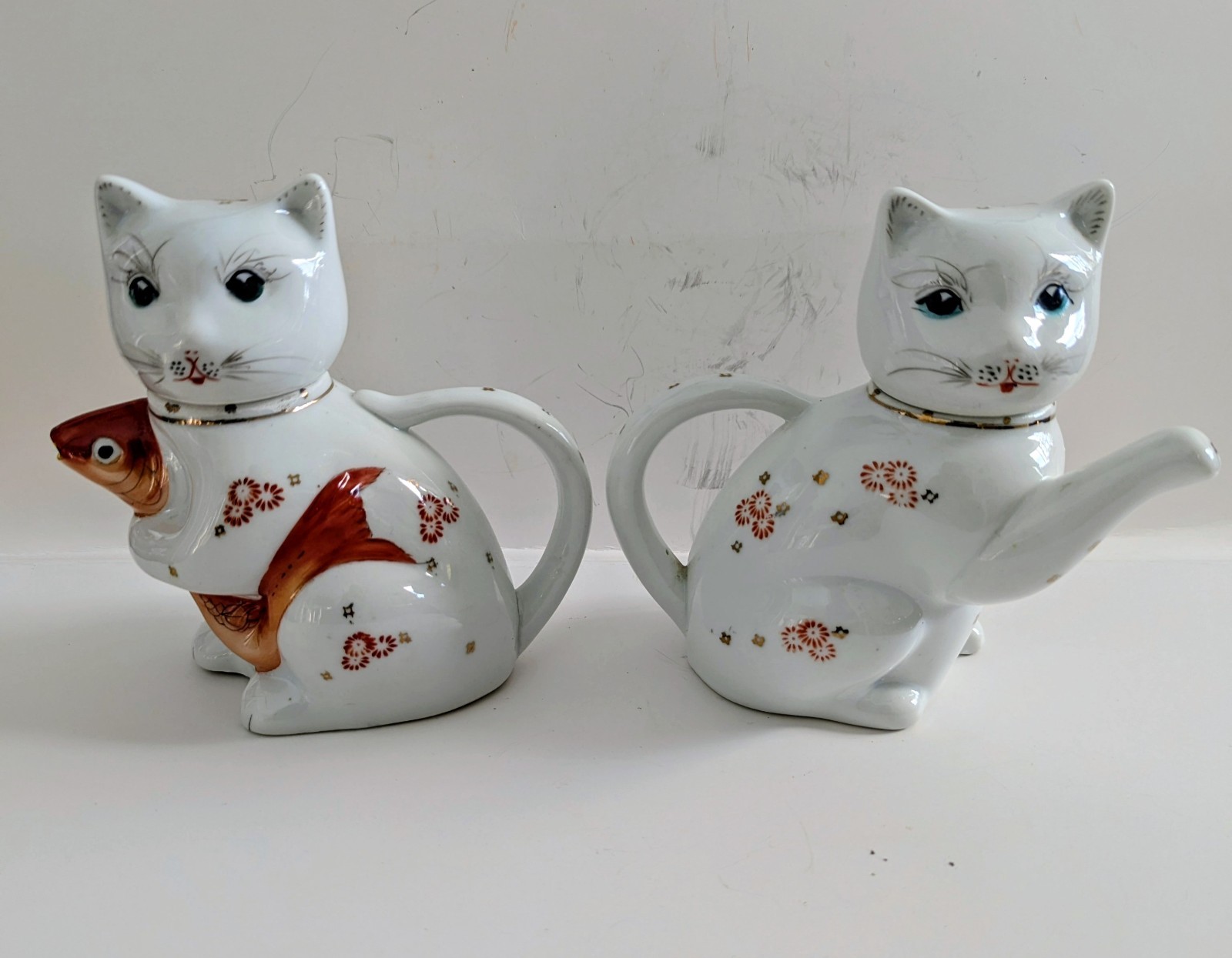 Two Vintage Lucky Cat Chinese Ceramic Teapot Handpainted One With Fish Marked.