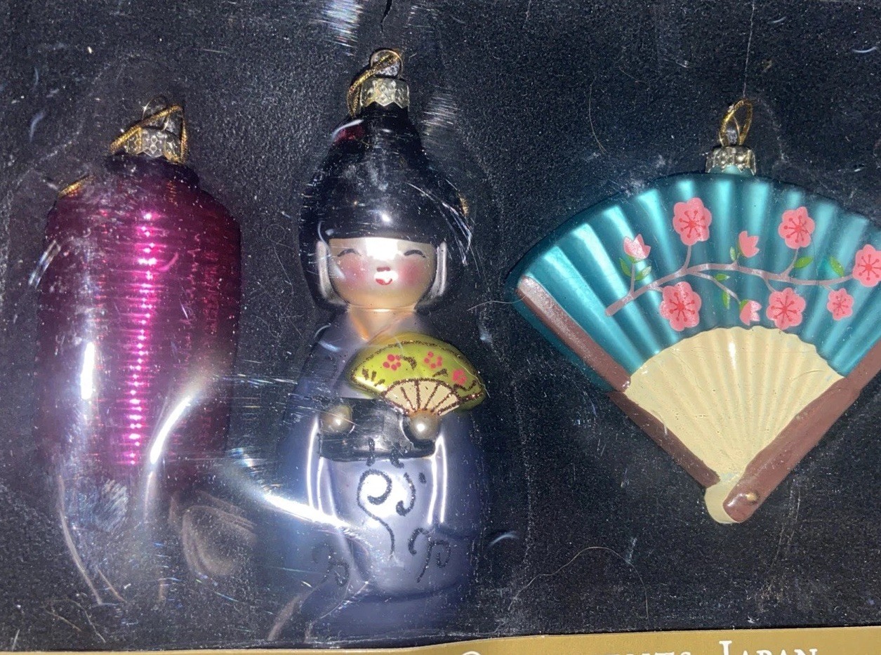 World Market Japan Glass Christmas Ornaments Set of 3 New in Box Geisha Fan