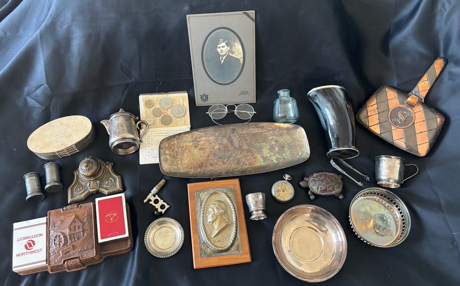 Grandpa’s Desk Lot Of Collectibles- Silver, Inkwell, Card Caddy, Etc. Nice Lot