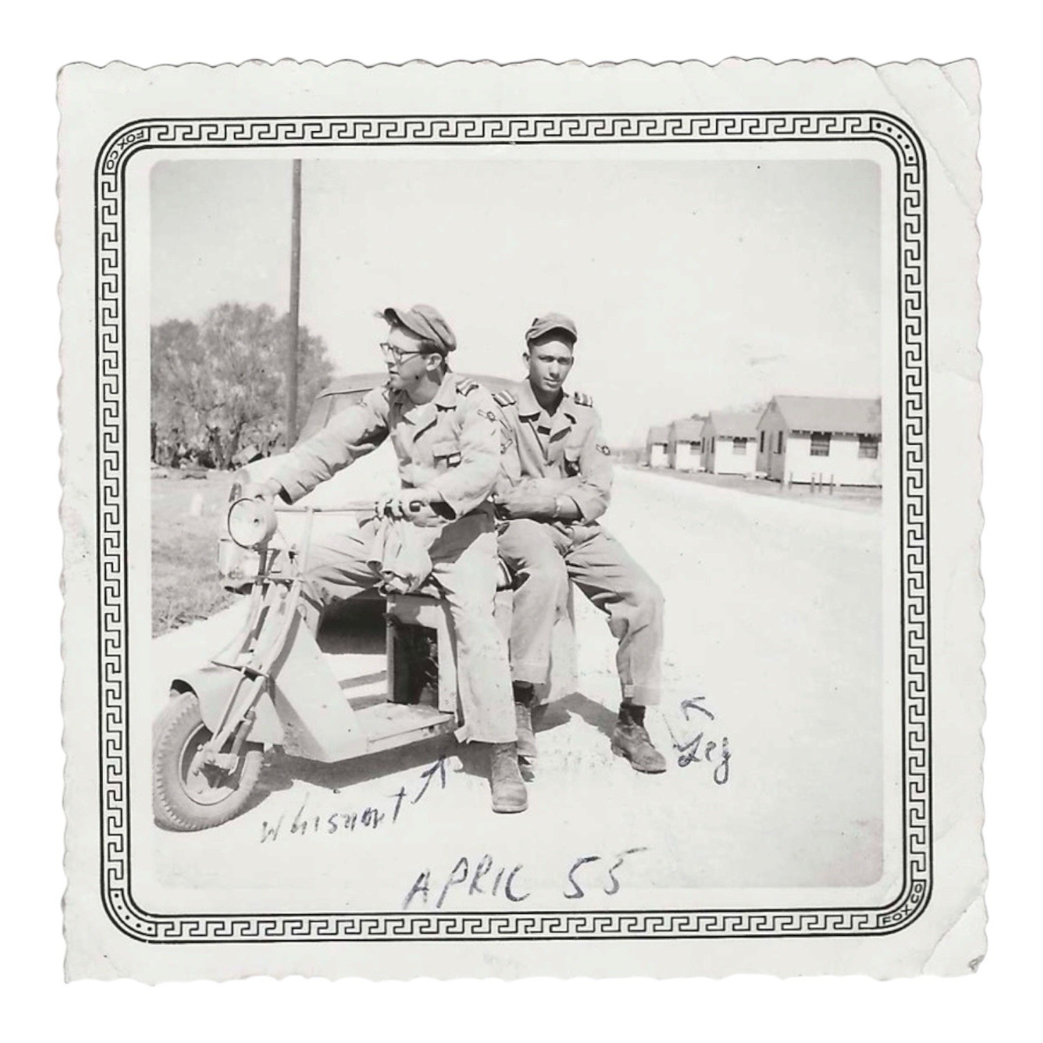 Vintage Snapshot Photo Two Soldiers Riding Motor Scooter April 1955 Army Base Vintage Snapshot Photo Two Soldiers Riding Motor Scooter April 1955 Army Base