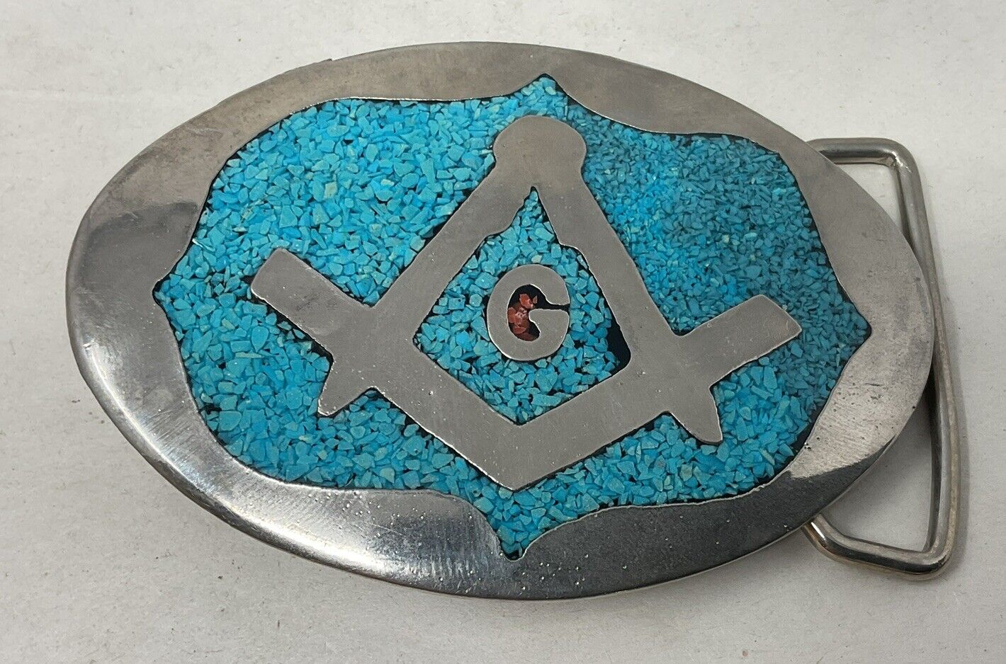 Vintage 80s-90s MASONIC Turquoise & Coral Chip Inlay Belt Buckle