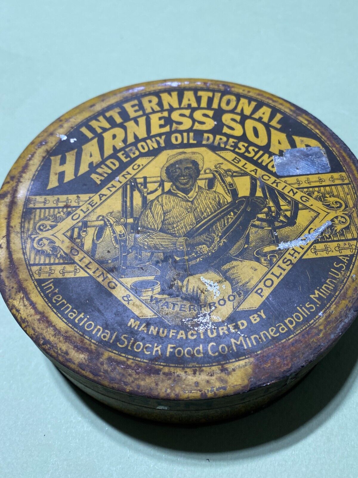 African American Black Advertising Tin RARE International Harness Soap Terrible