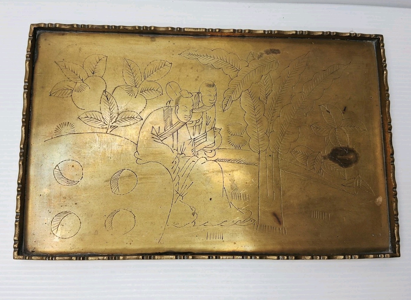 Brass Tray Etched Asian with Scalloped Edging 10.5\ Brass Tray Etched Asian with Scalloped Edging 10.5\
