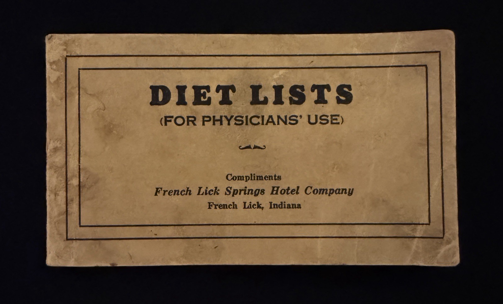Antique c1905-1925 French Lick Springs Hotel Pluto Water Physicians Diet Booklet