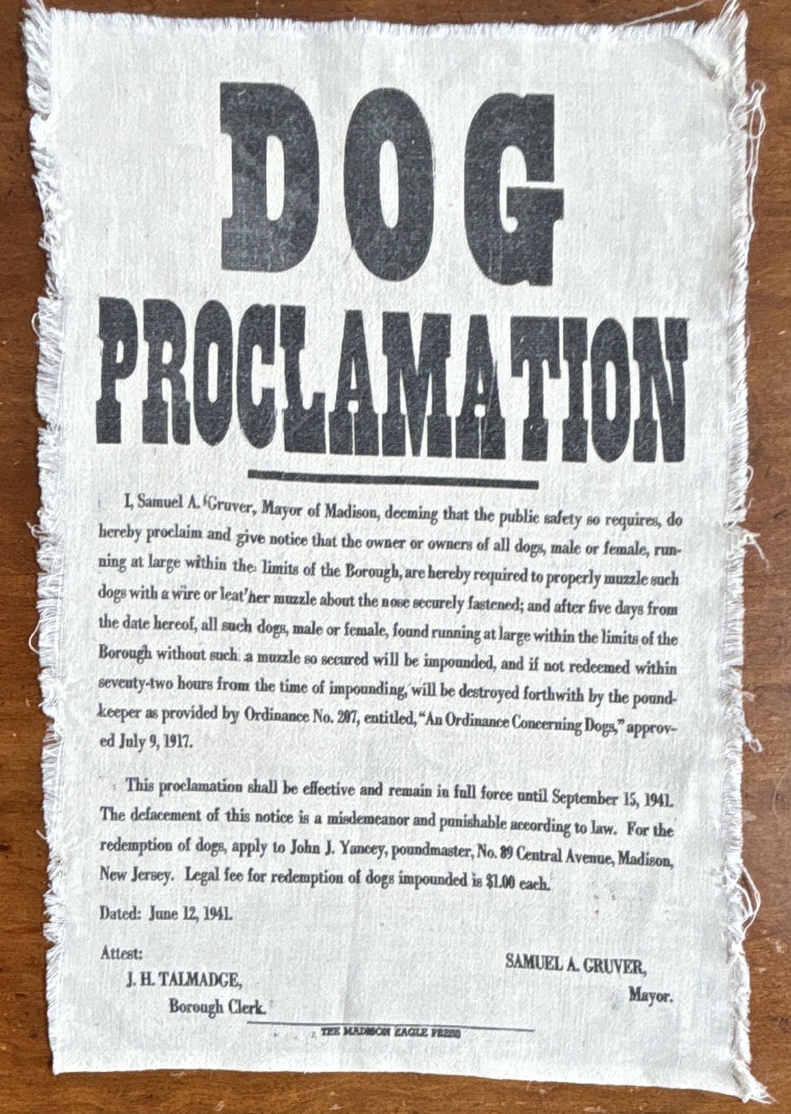 1941 Antique Dog Proclamation Cloth Broadside Madison NJ Mayor Samuel Gruver WWI 1941 Antique Dog Proclamation Cloth Broadside Madison NJ Mayor Samuel Gruver WWI