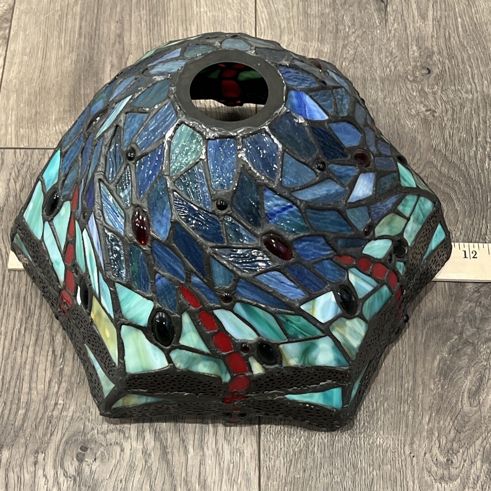 VTG Dale Tiffany dragonfly stained glass lamp shade Hexagon Signed 11.5” x 7”